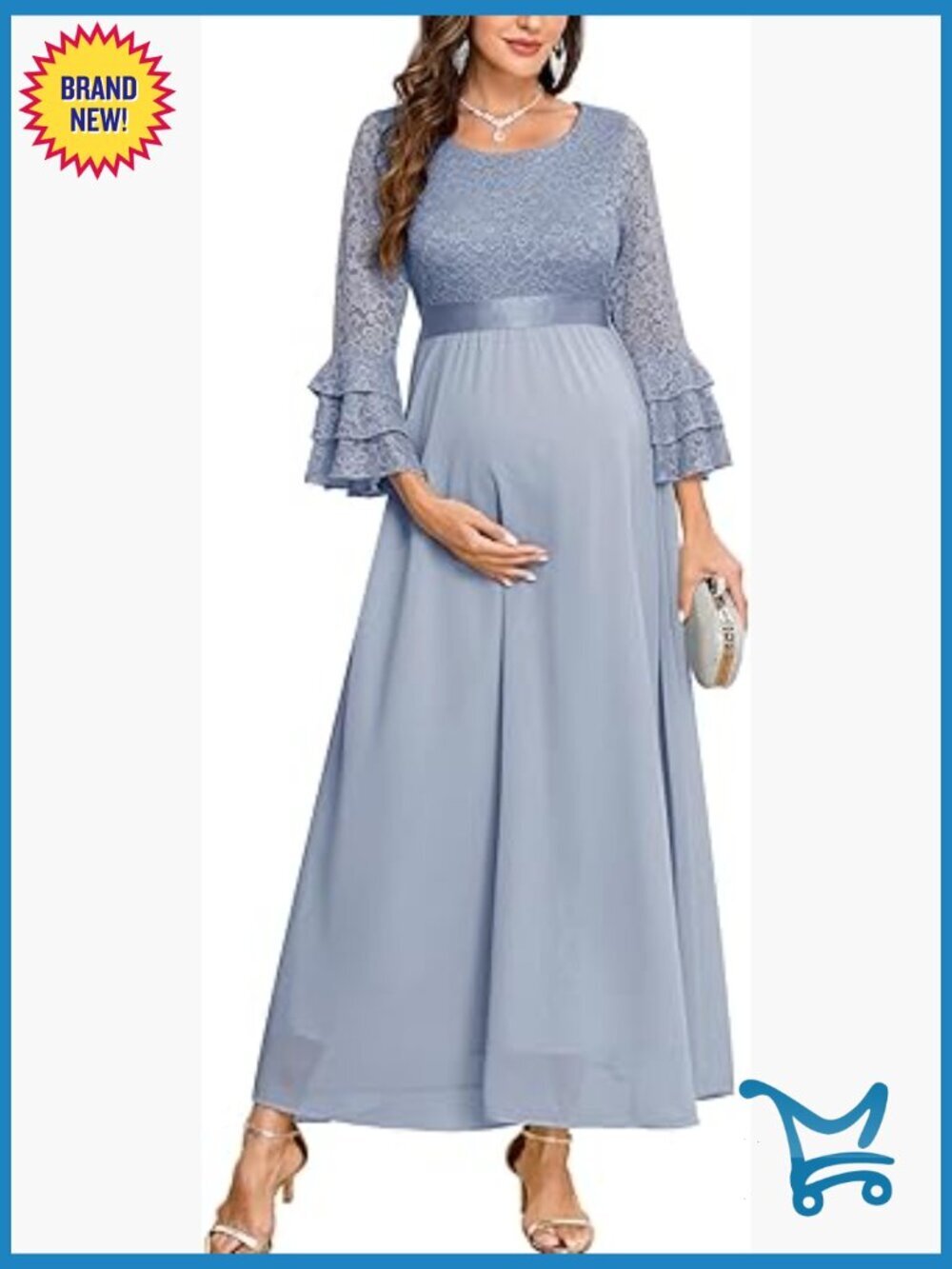 Floral Lace Maternity Maxi Dress Ruffle Bell Sleeves Crew Neck Chiffon Evening